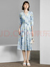 顏域時(shí)尚印花氣質(zhì)連衣裙女秋季2024新款優(yōu)雅中長(cháng)款七分袖V領(lǐng)裙子 藍花 M/38 曬單實(shí)拍圖