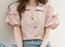 謎秀法式復古條紋泡泡袖襯衫女2026夏季新款高級感設計感小眾上衣 粉紫色 粉條紋 襯衫 S 曬單實(shí)拍圖
