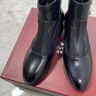 富貴鳥(niǎo)真皮女鞋秋冬季皮鞋女粗跟網(wǎng)紗短靴子高跟女士百搭媽媽鞋樓空涼鞋 黑色0031B-5（跟4cm) 短毛絨 37 曬單實(shí)拍圖