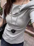 衣然呈品女士短袖T恤夏季薄款美式設計感斜肩修身漂亮露肩體恤上衣半袖女 灰色 M 【建議90-110斤】 曬單實(shí)拍圖