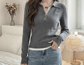 茵曼（INMAN）polo領(lǐng)半開(kāi)襟撞色修身針織衫2026春季女裝新款顯瘦長(cháng)袖上衣 深灰色 M 曬單實(shí)拍圖
