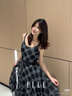 ELLE【流浪詩(shī)人】格紋雪紡吊帶連衣裙女2026春季新款不規則a字長(cháng)裙 黑色 L 曬單實(shí)拍圖