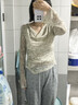 香影漸變暈染蕩領(lǐng)t恤女長(cháng)袖2026春季新款不規則修身收腰短款上衣 灰綠 S 155/80A/85-95斤 曬單實(shí)拍圖