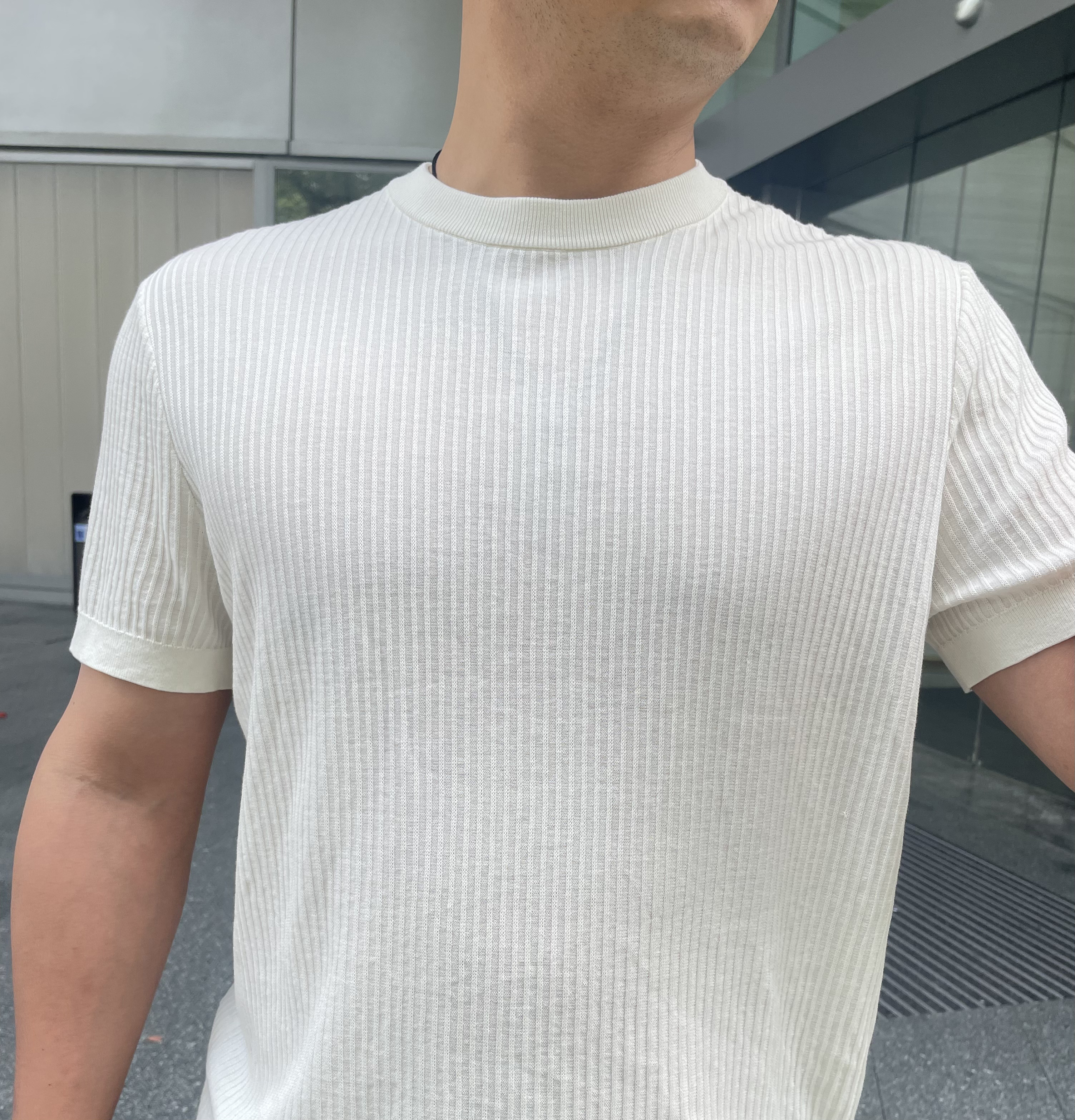 By Creations柏品純棉豎條紋針織T恤衫男士輕商務內搭打底衫休閑圓領套頭短袖t 白色 L 曬單實拍圖
