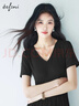 伊芙麗（eifini）朱珠代言【天鵝裙】V領(lǐng)針織拼接顯瘦短袖連衣裙2025春季新款 黑色 S 80-105斤 曬單實(shí)拍圖
