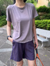 徽格兒（phigeer）跑步五分褲速干運動(dòng)套裝女夏季大碼寬松透氣瑜伽服彈力短袖健身服 紫色短袖+紫色五分褲 M 曬單實(shí)拍圖