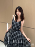 ELLE【流浪詩(shī)人】格紋雪紡吊帶連衣裙女2026春季新款不規則a字長(cháng)裙 黑色 L 曬單實(shí)拍圖