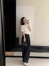 窄版闊腿褲女夏薄款高腰垂感冰絲直筒褲寬松顯瘦高檔中式新款女褲 黑色 2XL 建議115-125斤 曬單實拍圖