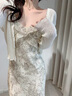 艾珠兒（Aizhuer）2026新款法式顯瘦小個子雪紡長裙子女碎花吊帶連衣裙兩件套裝女夏 碎花裙+開衫【套裝】 M 曬單實拍圖