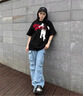LDBE貓咪刺繡重工純棉短袖t恤女夏季美式復(fù)古潮牌小眾設(shè)計(jì)感半袖上衣 黑色 M 80-100斤 曬單實(shí)拍圖