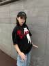 LDBE貓咪刺繡重工純棉短袖t恤女夏季美式復(fù)古潮牌小眾設(shè)計(jì)感半袖上衣 黑色 M 80-100斤 曬單實(shí)拍圖