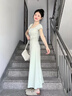 春乏奶黃色U領(lǐng)收腰連衣裙女夏季新款溫柔風(fēng)氣質(zhì)顯瘦褶皺包臀魚尾長裙 薄荷綠長款連衣裙【方領(lǐng)后背鏤空】 M 曬單實拍圖