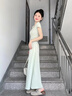春乏奶黃色U領(lǐng)收腰連衣裙女夏季新款溫柔風(fēng)氣質(zhì)顯瘦褶皺包臀魚尾長裙 薄荷綠長款連衣裙【方領(lǐng)后背鏤空】 M 曬單實拍圖