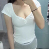京多夢白色桃心領短袖t恤女夏季法式修身顯瘦純欲性感辣妹短款緊身上衣 白色 M （80-100斤） 曬單實拍圖