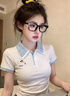 衣然呈品女士短袖夏季薄款小狗格紋polo正肩體恤日系學院風收腰涼感上衣女 白色 M 【建議90-110斤】 曬單實拍圖