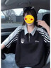 LDBE三條杠拼接polo領短袖t恤女夏季寬松美式復古半拉鏈翻領體恤上衣 黑色 M 80-100斤 曬單實拍圖