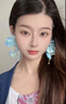 QMXD超仙藍色流蘇花朵耳釘女高級感度假風小眾耳環女士絕美氣質耳飾 藍色一對 曬單實拍圖