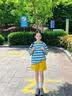 女童夏季套裝2026新款兒童運動衣服洋氣多巴胺女大童夏裝短袖短褲 套裝【條紋T恤+黃色短褲】 140 曬單實拍圖