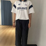 紫洛妮初中學生短袖T恤女2026夏季新款青少女polo領高中生夏裝上衣寬松 【白色T恤+藏青褲子23237】 M 曬單實拍圖