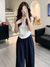 雪妃藍(lán)琪（XUEFEILANQI）韓系穿搭一整套2026新款褲子女裝白色polo短袖t恤夏季闊腿褲套裝 上衣+褲子 S 【建議80-95斤】 曬單實(shí)拍圖