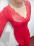貓人（MiiOW）本命年保暖內衣套裝女大紅結婚薄款打底緊身秋衣秋褲 紅色蕾絲-整套 均碼 80-135斤 曬單實(shí)拍圖