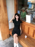 AAISUP美式學院風黑色短袖連衣裙女新款夏季氣質修身收腰條紋襯衫短裙潮 黑色 M 曬單實拍圖