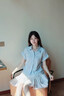 拉夏貝爾Polo領格子短袖襯衫女夏2026新款小清新抽繩掐腰T恤上衣 藍色 L 曬單實拍圖