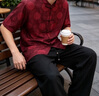 JEEP SPIRIT香云紗唐裝男士中老年人爸爸壽宴短袖中國風綢緞爺爺衣服夏裝 酒紅色套裝【上衣+褲子】 2XL 建議160-170斤 曬單實拍圖
