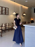 南木熊短袖連衣裙女夏季2026新款海邊度假氣質(zhì)顯瘦a字裙子韓系穿搭長裙 藏青色M【95-105斤】 曬單實(shí)拍圖