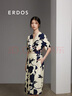 ERDOS 春夏絲棉府綢圍裹式剪影印花V領(lǐng)修身顯瘦減齡A字裙女連衣裙 奶昔白 XL 170/92A 曬單實(shí)拍圖