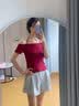 UR2026夏季新款女裝潮流百搭一字領后系帶修身T恤UYV460070+ 酒紅色 M 曬單實拍圖