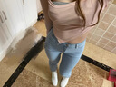 ins辣妹歐美風淺藍色高腰蜜桃臀牛仔褲女長褲薄款彈力緊身鉛筆褲 淺藍色 M 建議98-108斤以內穿 曬單實拍圖