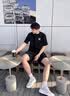C.MATK設計感純棉短袖T恤男歐美風字母印花體恤夏季情侶裝寬松落肩短袖 活性黑-白標(DTY-1) M (偏大，建議體重110-135斤) 曬單實拍圖