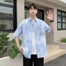 花花公子（PLAYBOY）青少年純棉短袖襯衫男款2026夏季薄款寬松休閑翻領(lǐng)襯衣透氣開衫 淺藍(lán)色 XL (建議131-145斤） 曬單實(shí)拍圖