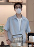MON-LIST假兩件短袖襯衫男士夏季慵懶風條紋V領半袖垂感襯衣MLC16藍色XL 曬單實拍圖