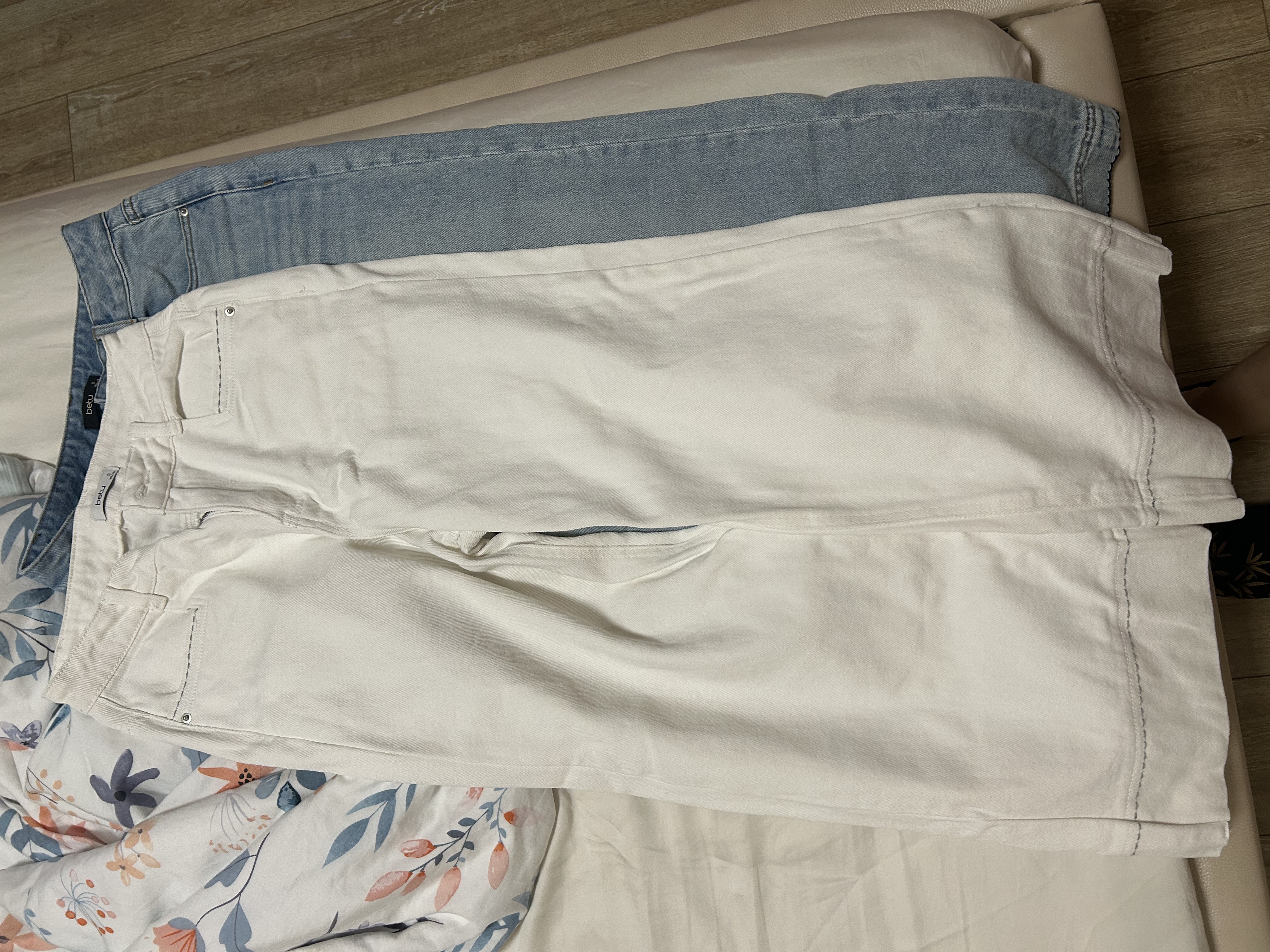 百圖betu女裝夏季新款牛仔闊腿褲高腰顯瘦純棉九分褲褲子2505X14 白色 S 曬單實拍圖