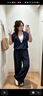 艾美琦美（AIMEIQIMEI）大碼胖MM休閑女裝夏季大碼時尚顯瘦假兩件短袖條紋T恤闊腿褲套裝 藏藍色套裝 XL [建議120-140斤] 曬單實拍圖