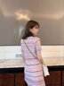 羅蒙（ROMON）法式小香風連衣裙女夏季撞色冰絲針織裙圓領薄款直筒運動裙子 圖片色 S 曬單實拍圖
