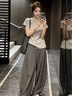 蔓爾依女裝套裝夏季新款韓系氣質高級感夏裝穿搭時尚減齡休閑闊腿褲子女 水泥灰上衣+深灰褲子 M 建議105-115斤 曬單實拍圖
