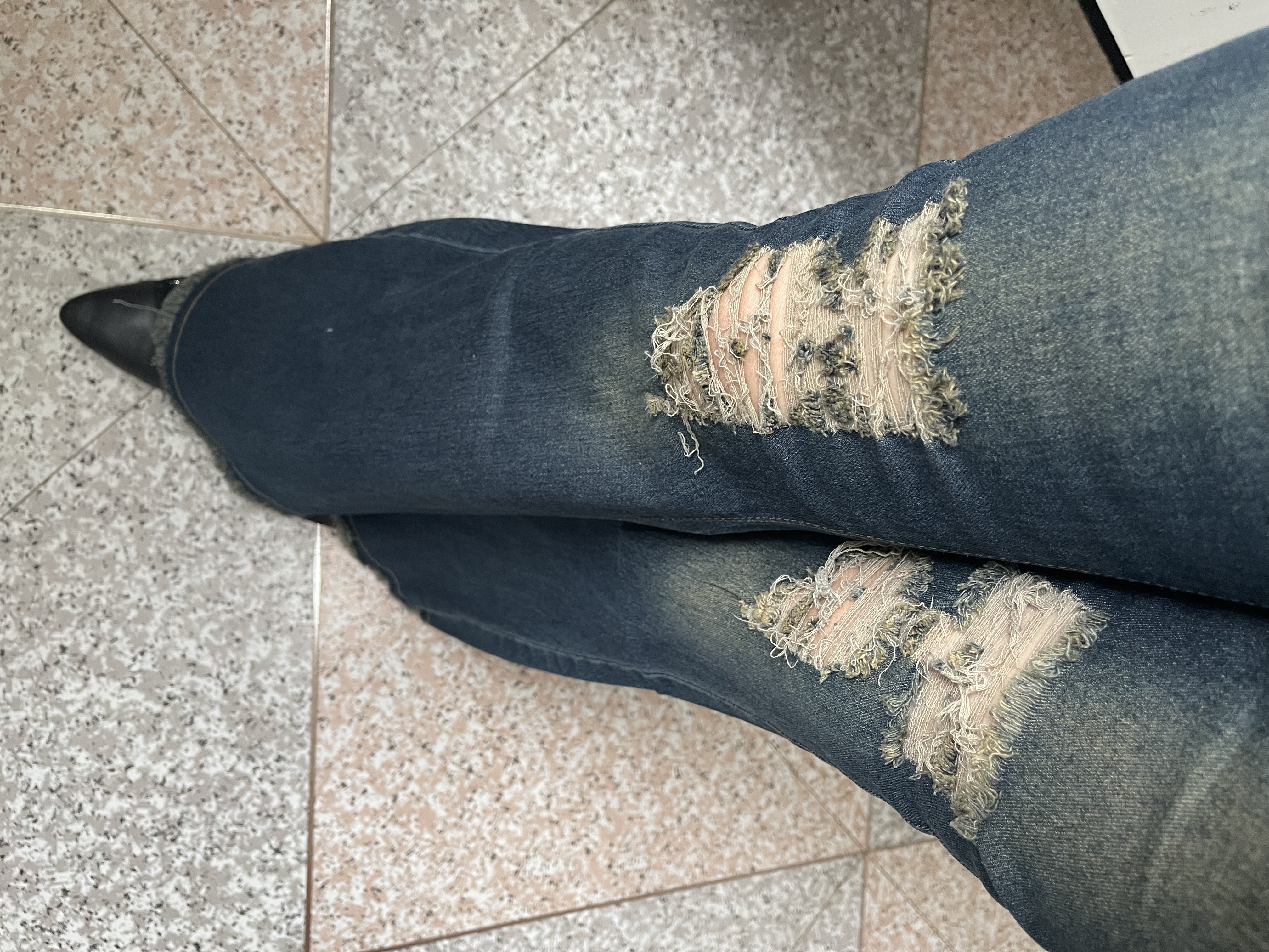 美安嘉復古港風魚尾大喇叭牛仔褲女高腰修身小眾設計感破洞拖地闊腿長褲 藍色 L 曬單實拍圖