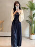 妍莉芬（yanlifen）溫柔氣質休閑女裝套裝2026夏季飄帶吊帶背心針織開衫闊腿褲三件套 杏衣藏藍衣藏藍褲三件套 M (建議100斤-110斤) 曬單實拍圖