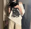 LDBE美式辣妹小狗印花斜肩短袖t恤女夏季寬松設計感別致露肩半袖上衣 白色 M 曬單實拍圖