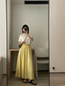 拉夏貝爾天絲亞麻九分闊腿裙褲女夏季2026薄款冰絲棉麻休閑山本褲 黃色 M 曬單實拍圖