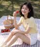 茵曼（INMAN）簡約抽褶收腰短袖T恤女2026夏季甜美減齡少女休閑繡花上衣 桔子黃 M 曬單實拍圖