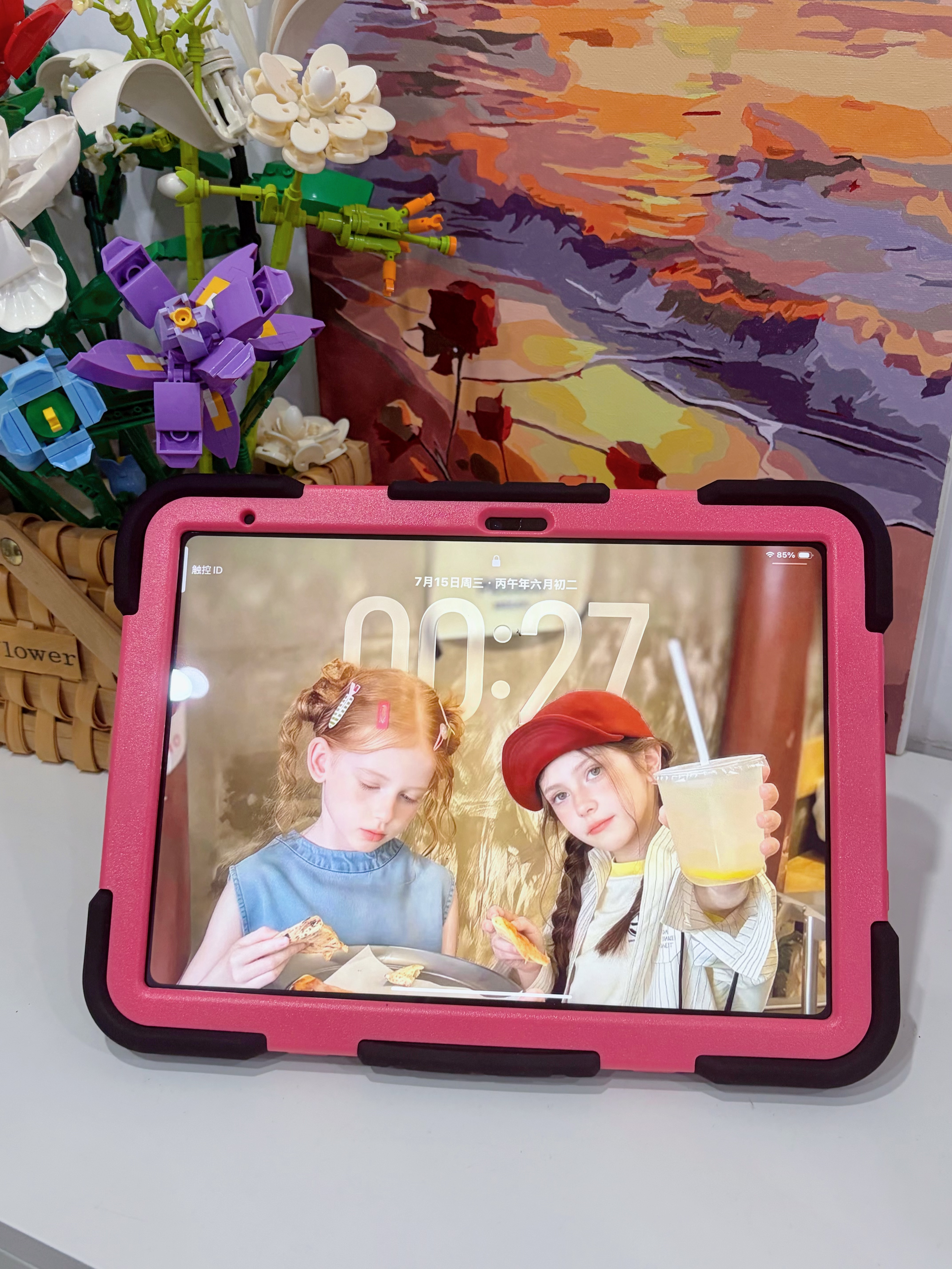 RBP適用2025新款iPad11/10保護(hù)殼A16芯片10代平板保護(hù)套方形轉(zhuǎn)盤360度旋轉(zhuǎn)支架硅膠全包防摔-黑玫粉 曬單實拍圖