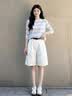 雪妃藍(lán)琪（XUEFEILANQI）巨好看ootd穿搭2026新款藍(lán)白條紋衣服女夏季休閑寬松短褲兩件套裝 條紋上衣+白色短褲 M 【建議95-110斤】 曬單實拍圖