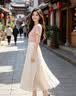 拉夏貝爾高級感西裝半身裙女春夏2026雪紡壓褶拼接設計直筒長裙子 杏色 XL 曬單實拍圖
