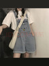 韓秋夢(mèng)日系少女高腰減齡牛仔背帶褲2022春夏復古直筒寬松學(xué)生闊腿褲短褲淺藍色M 曬單實(shí)拍圖