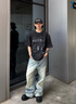 BINLIKE短袖t恤男士美式高街寬松痞帥涂鴉五分袖新款夏季重磅純棉情侶 曬單實拍圖