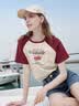 百圖betu女裝夏季新款T恤撞色插肩袖復古印花短袖上衣女2505T18 紅色 M 曬單實拍圖